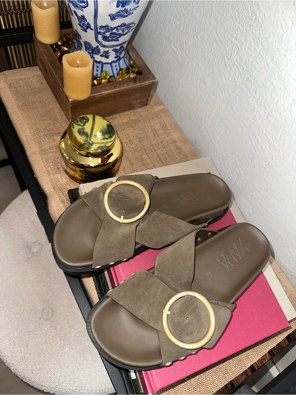 Zara Olive Green Suede Slide Sandals with Gold Buckle Size 37 - Picture 2 of 7